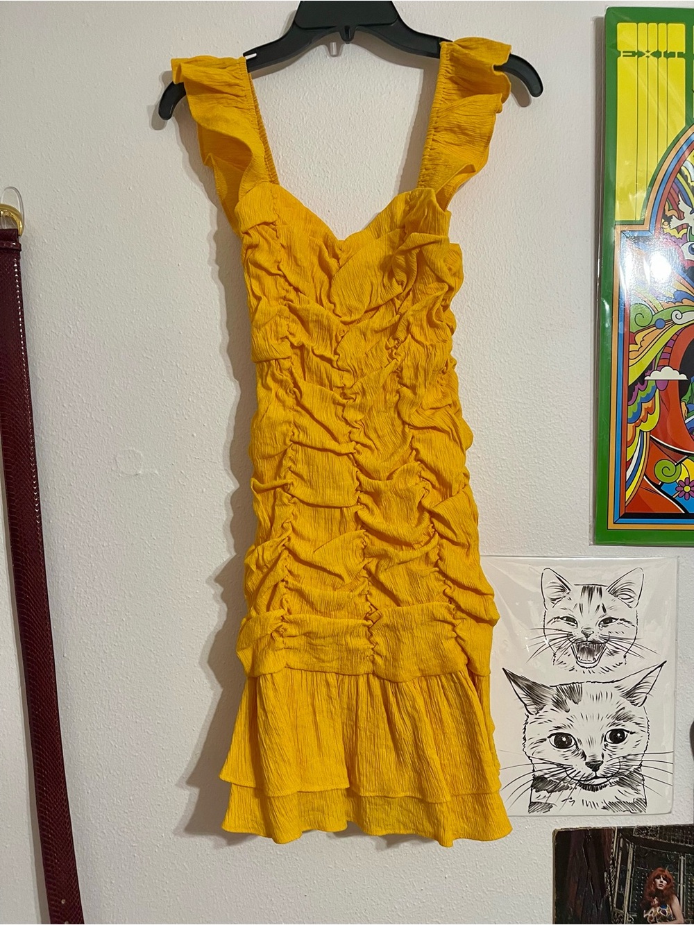 Ruched Ruffled Gold Mini Dress - Picture 2 of 3